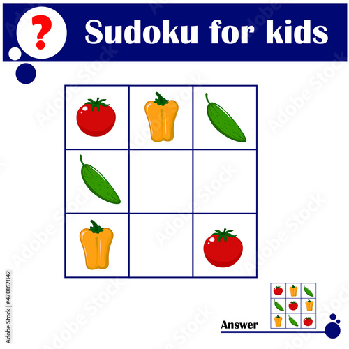 Sudoku game with vegetables for children, easy level, education game for kids, preschool worksheet activity