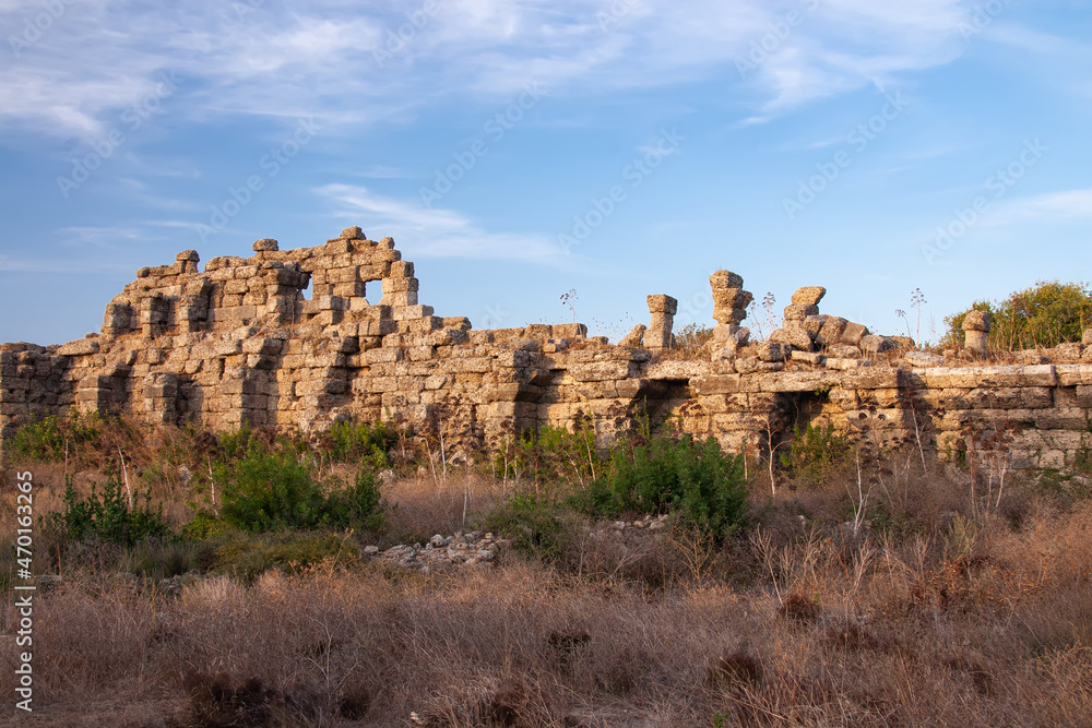 Ancient ruins in Side, Turkey, Manavgat. Antique city walls. Ruins of walls and towers. Attractions Side.