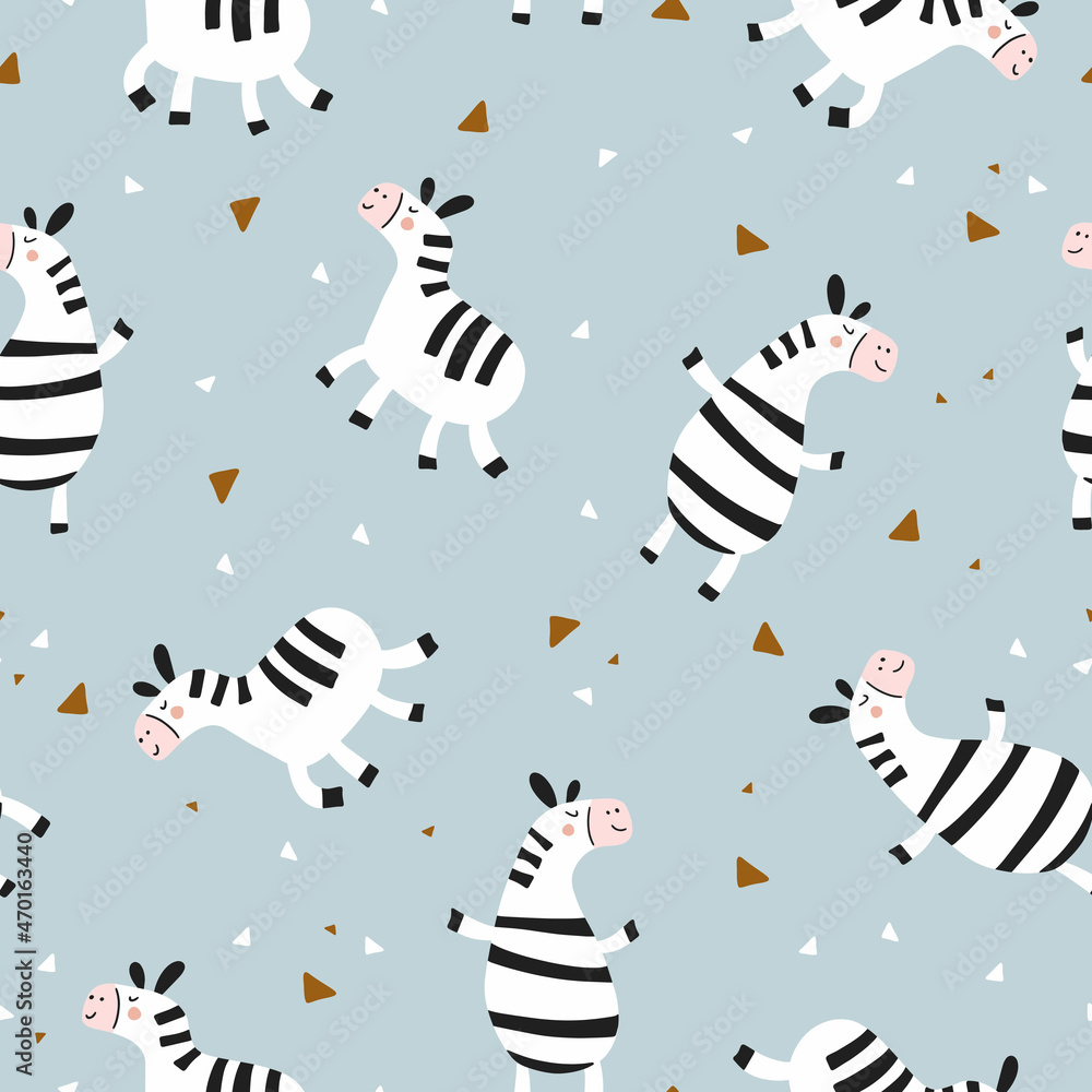Seamless patterns. Cute zebras on a light blue background. Vector illustration for textiles and packaging