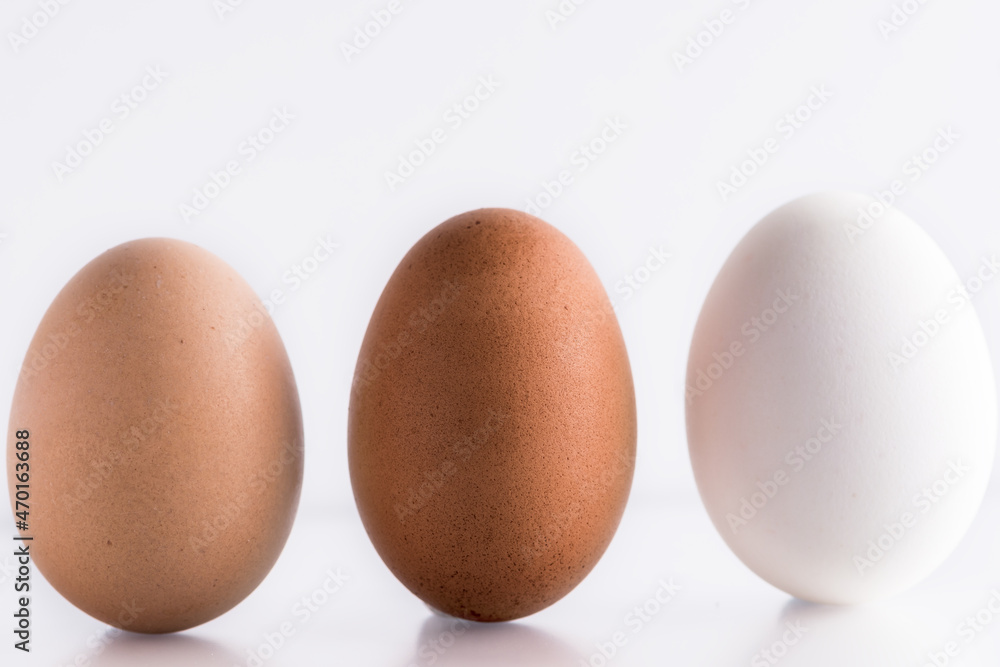 Three (3) different shades of natural organic eggs on a white background. Diversity and difference concept Three (3) different shades of natural organic eggs on a white background. Diversity and difference concept