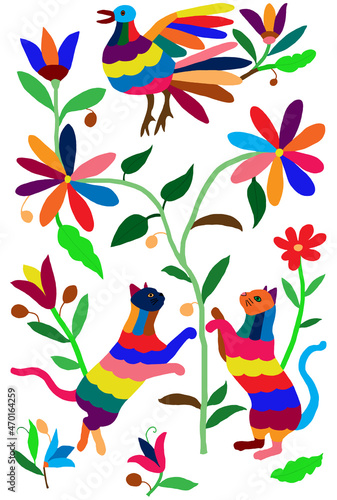 Mexican otomi style bright pattern with cats photo