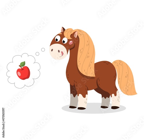 Animal with food concept. Cute horse on white background dreams of delicious apples. Little pony loves juicy fruits. Design element for websites, books and covers. Cartoon flat vector illustration