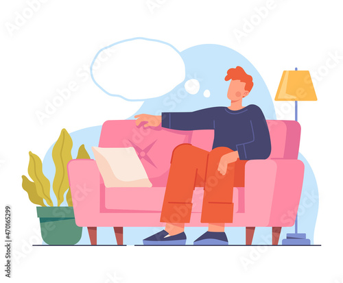 Dreaming human concept. Young man sitting at home on soft sofa and thinking about his desires and goal. Thinking character relaxes and rests in apartment. Cartoon contemporary flat vector illustration