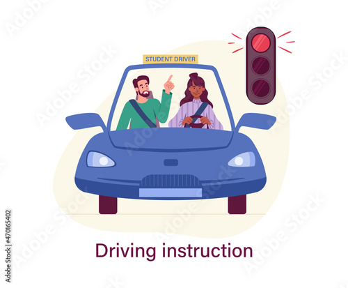 Driving instructor concept. Male teacher sits in car with woman and explains how to drive on road. Student holds and turns steering wheel. Practical lesson in city. Cartoon flat vector illustration