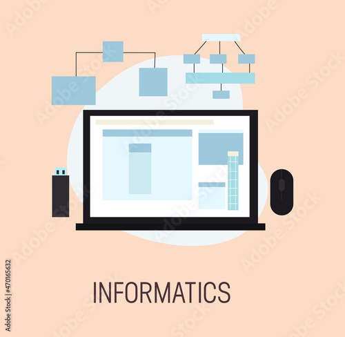 School education icon. Colorful sticker with laptop, flash card, computer mouse and programming. Attributes for informatics lesson. Design element for social network. Cartoon flat vector illustration