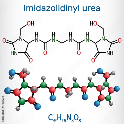 Imidazolidinyl urea, imidurea molecule. It is antimicrobial preservative used in cosmetics, formaldehyde releaser. Structural chemical formula, molecule model