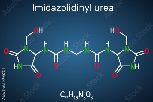 Imidazolidinyl urea, imidurea molecule. It is antimicrobial preservative used in cosmetics, formaldehyde releaser. Structural chemical formula on the dark blue background