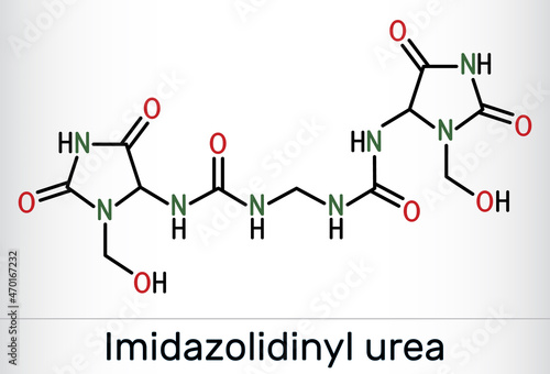 Imidazolidinyl urea, imidurea molecule. It is antimicrobial preservative used in cosmetics, formaldehyde releaser. Skeletal chemical formula