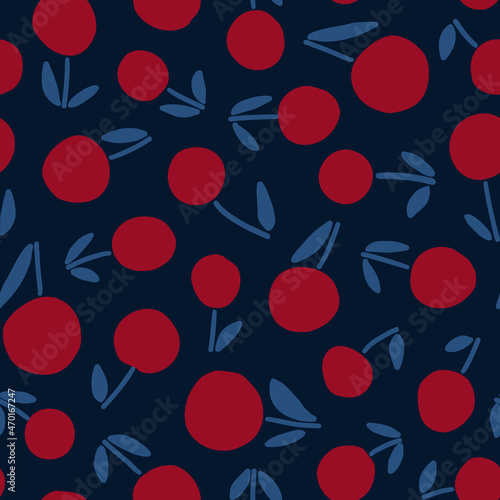 Abstract cherry seamless repeat pattern. Random placed, vector fruits all over surface print on dark blue background.