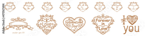 Love lettering with hearts, frames and ribbons.Set of Valentine day stickers and elements.Vintage lettering labels.Vector illustration .
