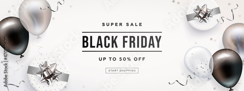 Black friday horizontal sale banner with realistic glossy balloons, gift box and discount text. Vector illustration