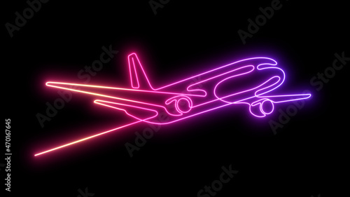 Neon flying plane.Airplane.Air flights.Continuous line drawing. illustration.