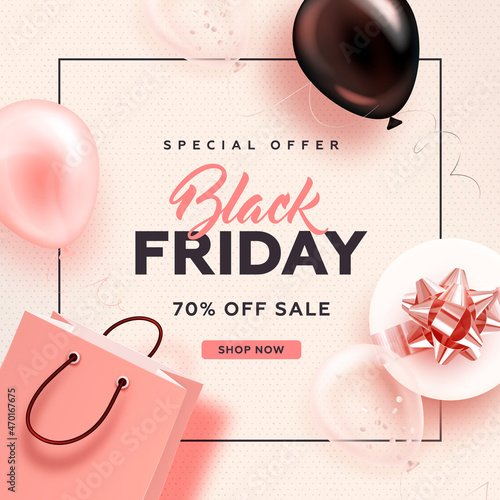 Black friday square sale banner with realistic glossy balloons, gift box, shopping bag and discount text on pink background. Vector illustration