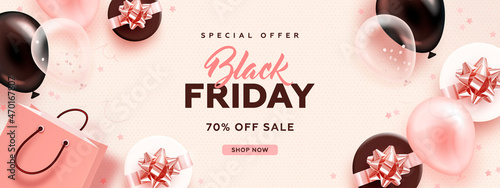 Black friday horizontal sale banner with realistic glossy balloons, gift box, shopping bag and discount text on pink background. Vector illustration