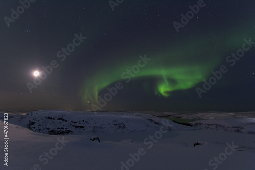In winter, the moon and the aurora borealis are in the sky. © Moroshka