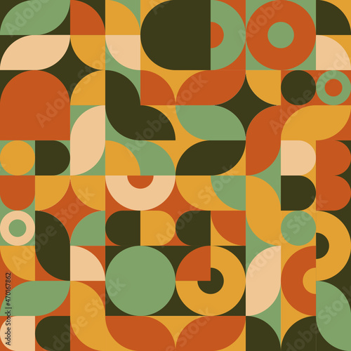 Ensemble, puzzle ou modèle de formes géométriques, graphiques, vectorielles, abstraites, florales et colorées, avec une esthétique Bauhaus.