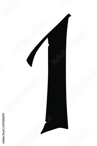 Number 1 in the Gothic style. Vector. The symbol is isolated on a white background. Calligraphy and lettering. Medieval Latin letter. Logo for the company. Monogram. Elegant font for a tattoo.