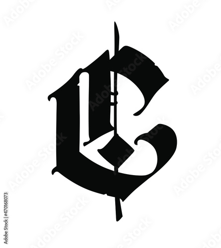 Letter C in the Gothic style. Vector. Alphabet. The symbol is isolated on a white background. Calligraphy and lettering. Medieval Latin letter. Logo for the company. Monogram. Elegant font for a tatto