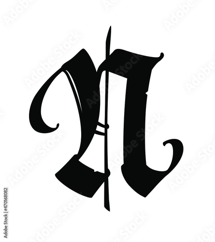 Letter N in the Gothic style. Vector. Alphabet. The symbol is isolated on a white background. Calligraphy and lettering. Medieval Latin letter. Logo for the company. Monogram. Elegant font for a tatto