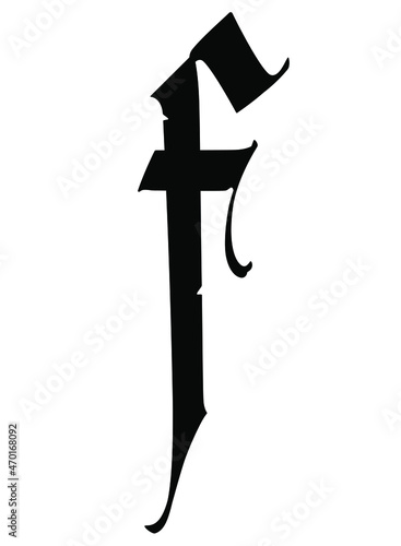Letter F in the Gothic style. Vector. Alphabet. The symbol is isolated on a white background. Calligraphy and lettering. Medieval Latin letter. Logo for the company. Monogram. Elegant font for a tatto
