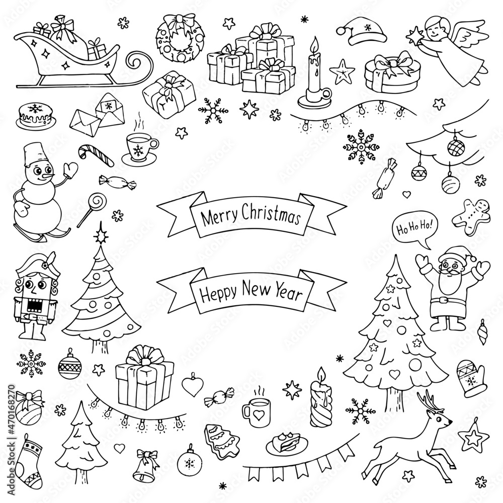 Set of Christmas and Christmas elements in doodle style. Vector illustration. Set of Christmas and Christmas elements in doodle style. Vector illustration.