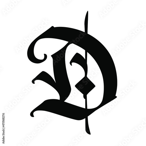 Letter D in the Gothic style. Vector. Alphabet. The symbol is isolated on a white background. Calligraphy and lettering. Medieval Latin letter. Logo for the company. Monogram. Elegant font for a tatto