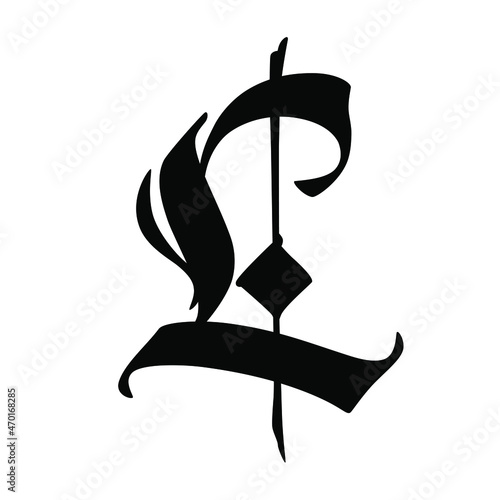 Letter L in the Gothic style. Vector. Alphabet. The symbol is isolated on a white background. Calligraphy and lettering. Medieval Latin letter. Logo for the company. Monogram. Elegant font for a tatto