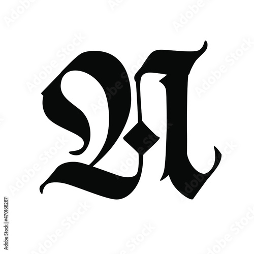 Letter N in the Gothic style. Vector. Alphabet. The symbol is isolated on a white background. Calligraphy and lettering. Medieval Latin letter. Logo for the company. Monogram. Elegant font for a tatto