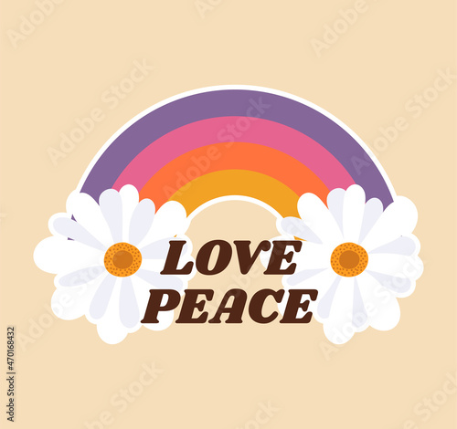 70s style sticker. Colorful icon with flowers, rainbow and inscription. Modern hippie poster. Design element for social media and fabric printing. Cartoon contemporary flat vector illustration