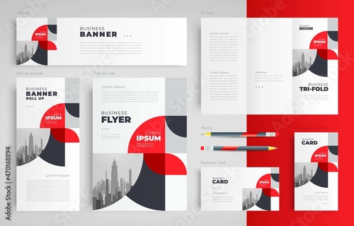 Abstract circles geometric theme Set flyer cover, tri-fold, banner, roll up banner, business card red color