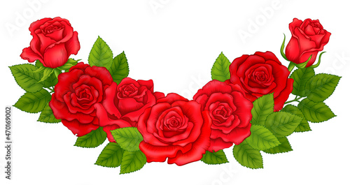 Semicircular Composition of Red Roses for Decoration Frames  Vignettes  Borders  Greeting and Wedding Cards and Backgrounds in Classic Style. Vector Illustration Isolated on the White Background