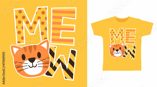 Cute cat meow typography cartoon t shirt design 
