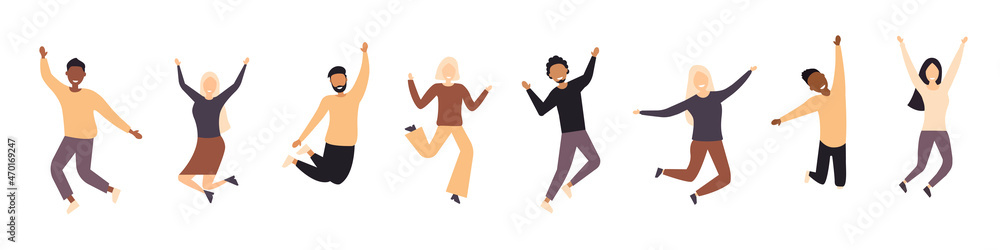A multinational group of happy people jumping. A team of people celebrating victory and success. Flat style. Vector illustration.