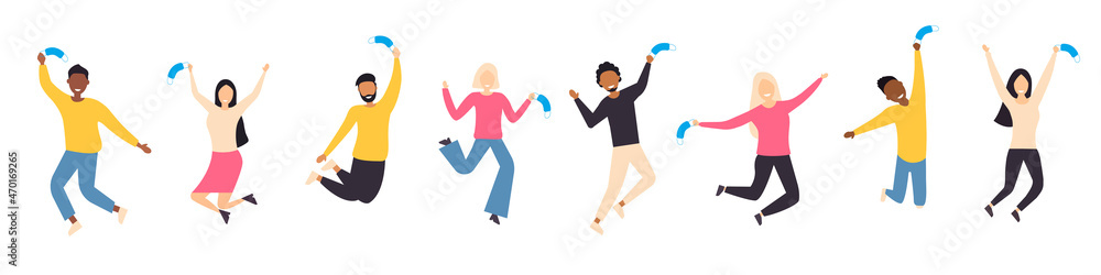 People in the jump. Happy multiethnic group of people take off their medical masks. End of the Covid-19 pandemic. Defeating the coronavirus. Flat style. Vector illustration
People in the jump. Happy multiethnic group of people take off their medical masks. End of the Covid-19 pandemic. Defeating the coronavirus. Flat style. Vector illustration