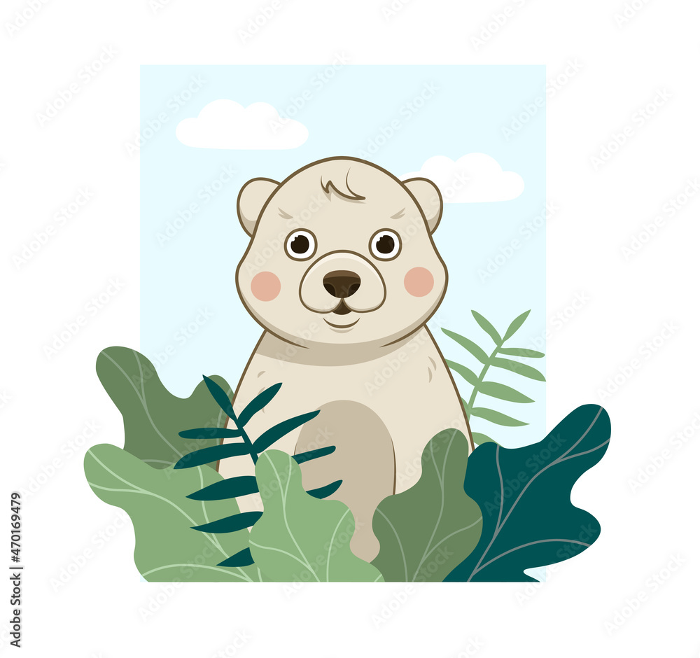 Cute animal poster. Small polar bear sitting in green grass and leaves. Wild kind character. Design element for postcards and wall decoration in children room. Cartoon flat vector illustration Cute animal poster. Small polar bear sitting in green grass and leaves. Wild kind character. Design element for postcards and wall decoration in children room. Cartoon flat vector illustration