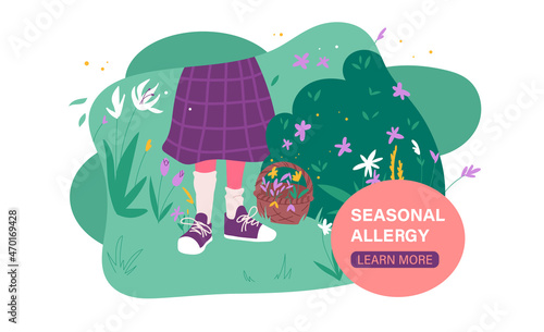 Seasonal allergy concept. Allergic reaction to plant pollen. Sneezing, coughing and rhinitis. Symptoms of disease. Design for landing. Cartoon flat vector illustration isolated on white background