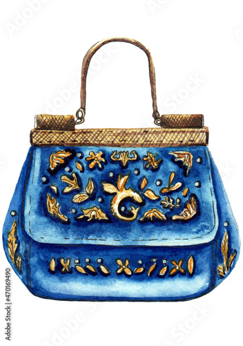 blue handbag on a white background.