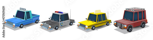 Collection of cartoon cars. Village pickup truck, police car, taxi and jeep. Cars set isolated on white background. Vector illustration