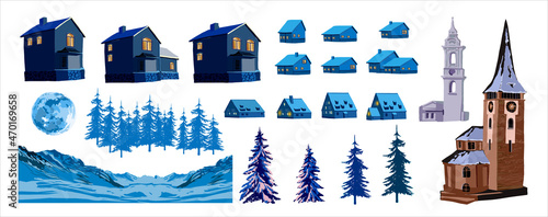 Vector set of various houses, towers and landscape elements. Illustration architecture in the winter city, trees, mountains and Moon. Vector illustration
