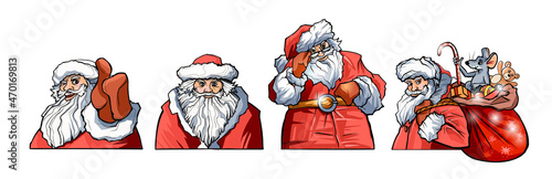 New Year celebration symbols vector illustrations set. Christmas characters, Santa Claus isolate on gray background