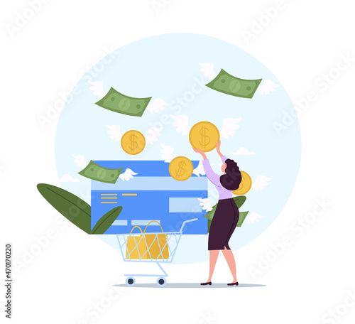 Bad habits concept. Shopaholic woman spends lot of money to buy clothes and unnecessary things. Lack of financial literacy. Female character addicted to shopping. Cartoon flat vector illustration