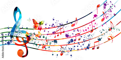 Colorful musical promotional poster with musical notes and butterflies isolated vector illustration. Artistic background with G-clef for live concert events, music festivals, shows, party flyer