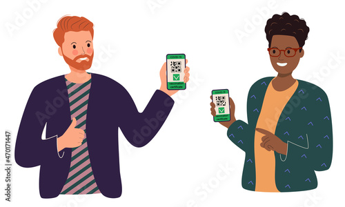 A man and an African American woman are holding a smartphone with a QR code on the screen. Concept of digital health pass, European green pass or vaccine digital passport. Vaccination certificate.