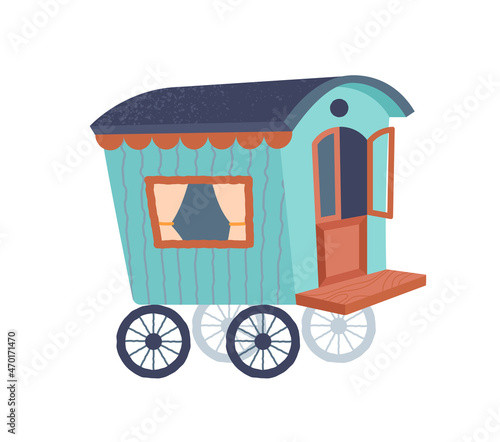 Camping trailer sticker. Colorful sticker with small van. Mobile home for hiking and traveling. Design element for postcards and covers. Cartoon flat vector illustration isolated on white background