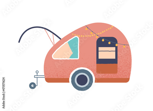 Camping trailer sticker. Colorful icon with mobile home. Modern Vehicle for hiking and tourism. Design element for social networks. Cartoon flat vector illustration isolated on white background
