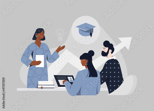 Professional development concept. Young man and woman listen to female speaker and improve their skills. Employees gain new knowledge. Career growth. Cartoon contemporary flat vector illustration