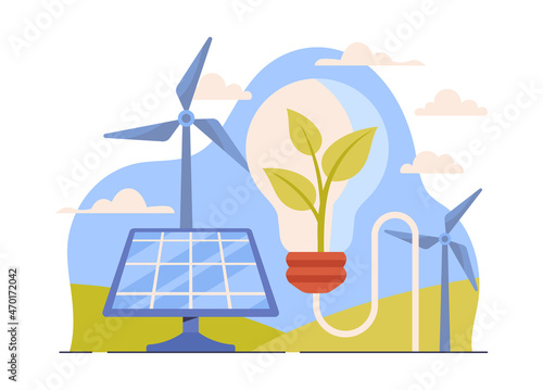 Alternative energy sources concept. Ecological production of electricity using solar panels and windmills. Inexhaustible resources. Protection of environment. Cartoon flat vector illustration.