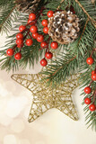 Golden Christmas star-shaped ornament and tree branches with red berries and festive bokeh lights, close up