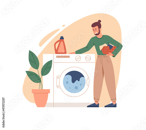 Clothing care concept. Young smiling man stands next to working washing machine and waits for washing to finish. Bearded man with dirty clothes in laundry room. Cartoon flat vector illustration