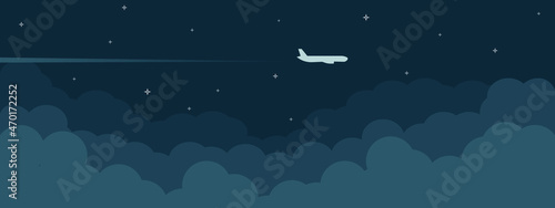 Airplane flying above clouds. Jet plane with exhaust white trail. White and transparent clouds. pi?ture of a civilian plane flying in the night above the clouds, flat style illustration vector
